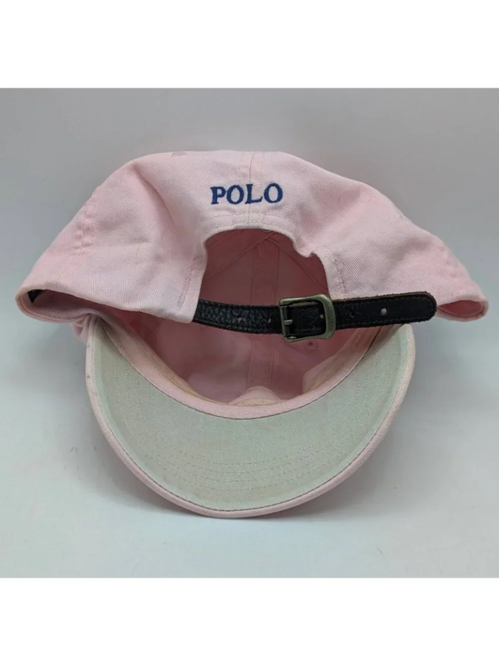 Vintage POLO Ralph Lauren Light Pink Hat Leather Strap Adjustable Blue Pony Y2K